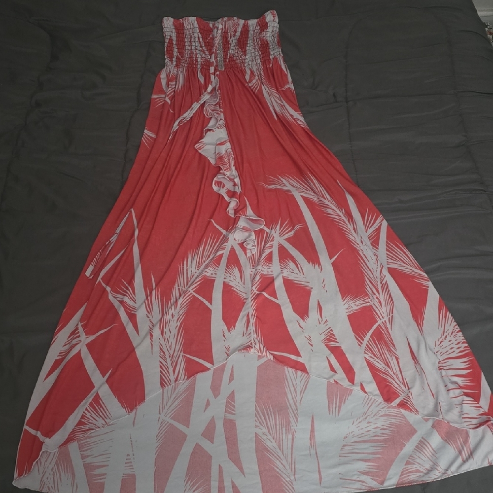 Red and White Strapless Maxi Dress